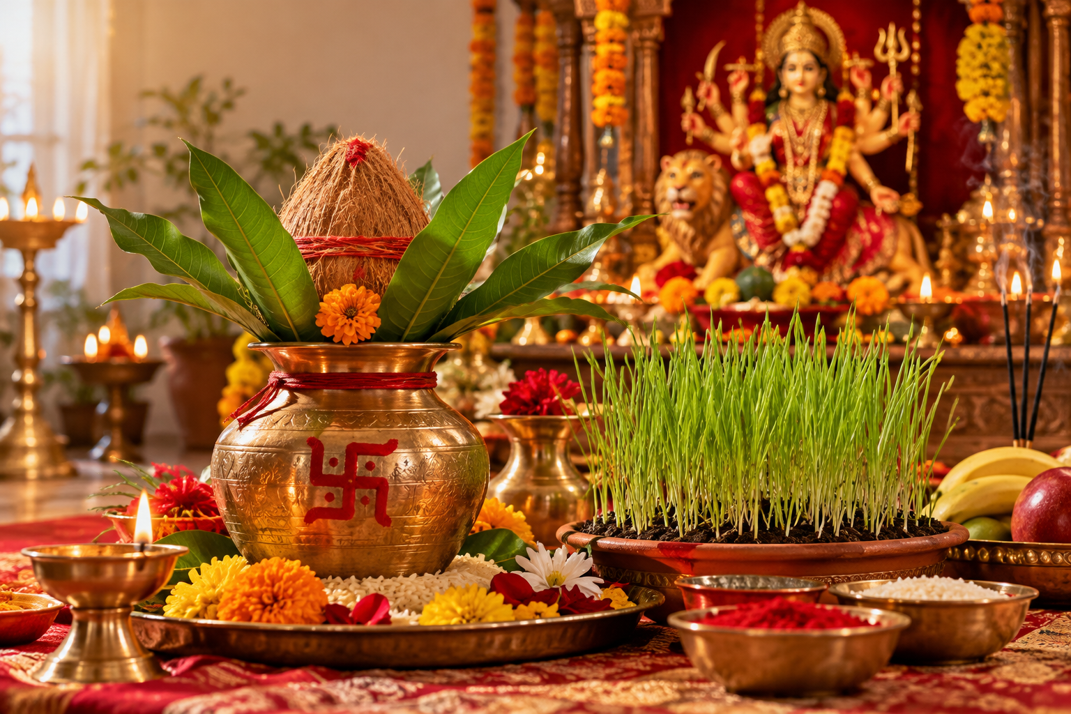Illustration of a sacred Kalash, Jamara shoots and a Durga shrine for Ghatasthapana
