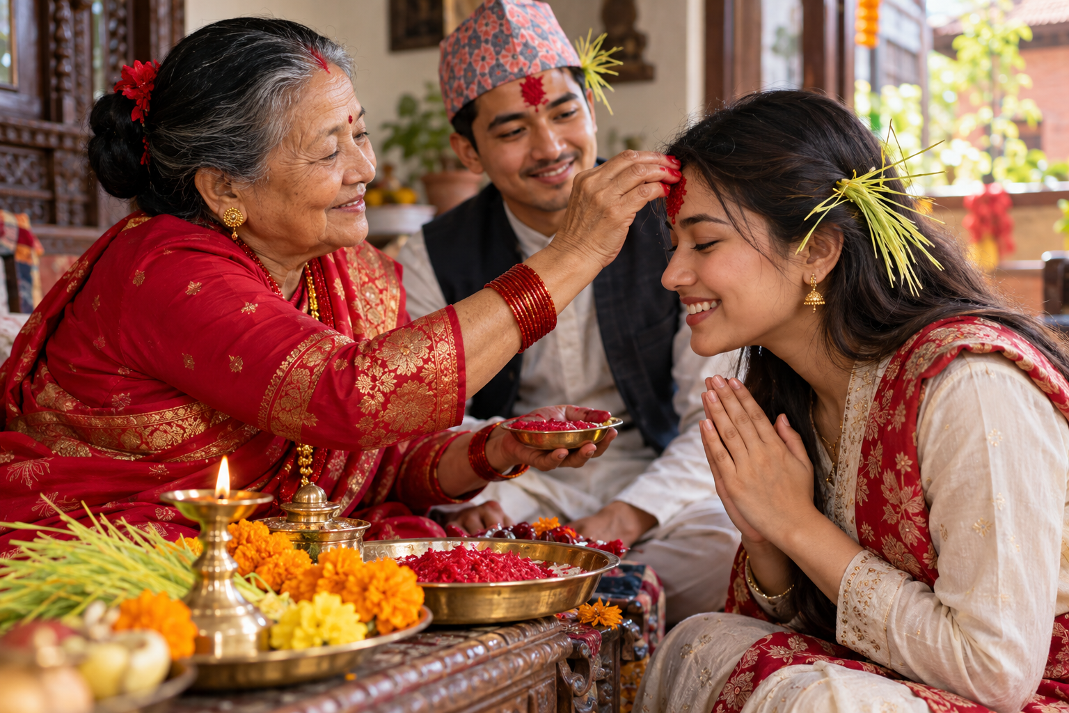 AI illustration of a Nepalese elder giving Dashain Tika and Jamara to a family member