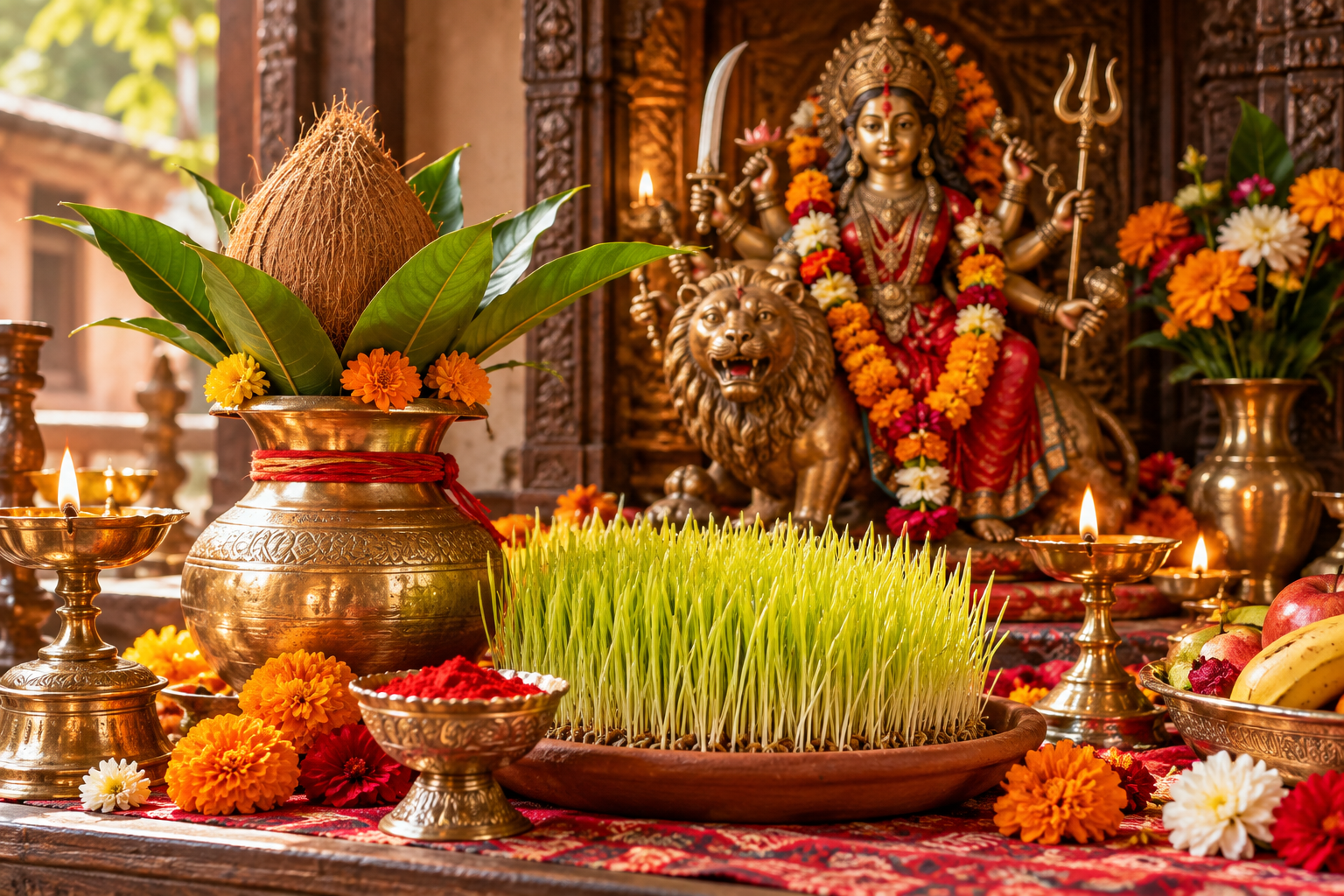 AI illustration of a Durga shrine, sacred Kalash, Jamara, flowers and oil lamps